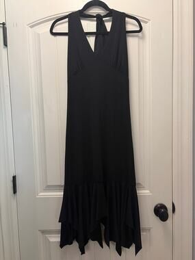 Hazel Women’s V-Neckline Halter Formal Ruffle Hem Party Midi Dress Size M Black